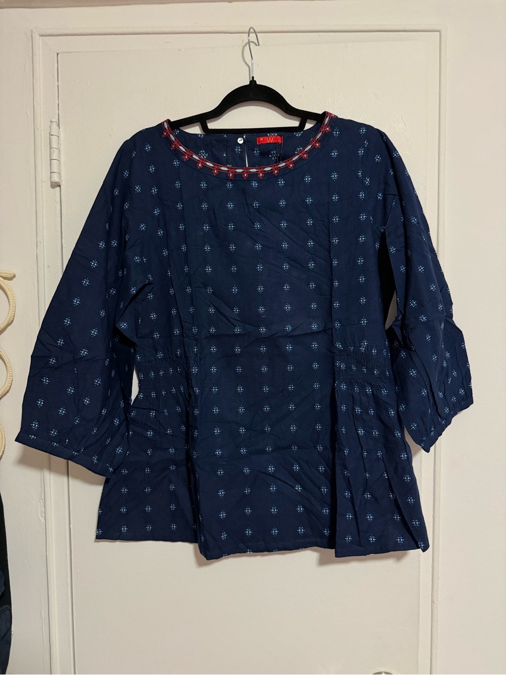 Women’s Navy Blue Printed 100% Cotton Peasant Top